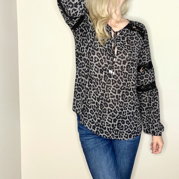 Michael Kors | Flowy leopard print blouse with lace | size L - Picture 3 of 7